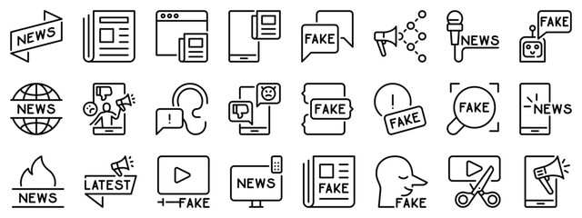 Line icons about facts and fake news on transparent background with editable stroke.