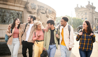 College students walking together outdoors. Group of young friends in the campus. High quality photo