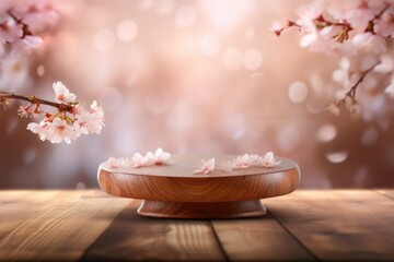 Wooden Table Top Product Display with Cherry Blossom Background - High-End and Sophisticated Setting for Showcasing Products
