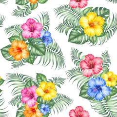 Fototapete Rund Tropical seamless pattern. Watercolor flowers © Kotkoa