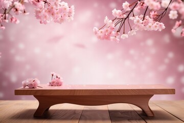 Wooden Table Top Product Display with Cherry Blossom Background - High-End and Sophisticated Setting for Showcasing Products