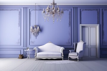 Luxury elegant designer domestic sitting room interior, featuring an elegant sofa and armchair in a monochromatic violet room with a crystal chandelier. AI generative.