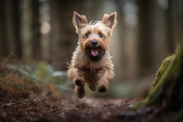 A Silly and Endearing Image of a Mischievous Dog Mid-Jump in Whimsical World