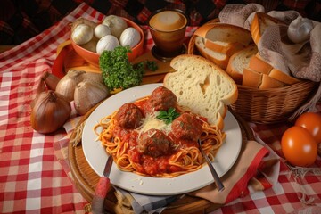 A hearty plate of spaghetti and meatballs, with tender noodles and juicy meatballs covered in a rich tomato sauce and sprinkled with fresh Parmesan cheese - made with AI