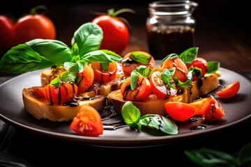 A platter of mouthwatering bruschetta, featuring crispy bread slices topped with juicy tomatoes, tangy balsamic vinegar, and fresh basil - made with Ai