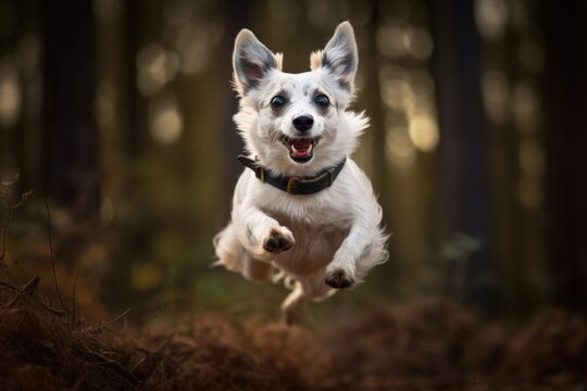 A Silly and Endearing Image of a Mischievous Dog Mid-Jump in Whimsical World