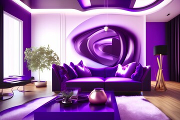 Luxury modern interior of living room, purple sofa and black table, purple wall , 3d render - generative ai
