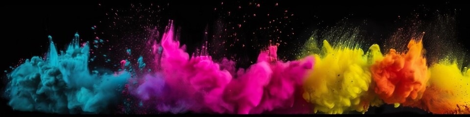 Panoramic banner with holi powder explosions, vibrant colors, multicolor powder, abstract AI generative panorama