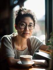 Asian woman wearing eyeglasses sitting at a local coffee shop looking at the camera. Generative AI