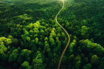 Aerial view of green forest illustration, natural landscape bird's eye view, a road cutting through trees, drone view on summer forest background, generative ai