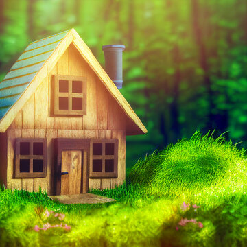 Eco house made of wood illustration, cute small toy as concept of new green life in sustainable environment, ecological natural background for real estate ad, generative ai