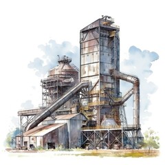 Steel production, imaginary large industrial enterprise, light and airy watercolor illustration, AI generative industrial drawing