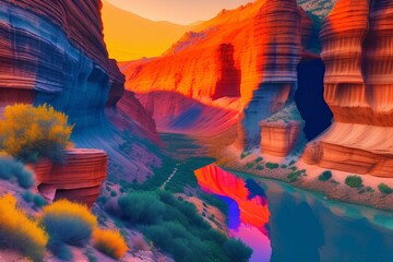 Colorful canyon landscape at sunset. nature landscape in the canyon. amazing nature background. summer landscape in nature. - generative ai
