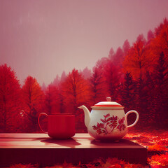 Naklejka na ściany i meble Red and white palette, teapot and a cup on the table at beaustiful fall season, red trees on the background, seasonal greetings design, generative ai