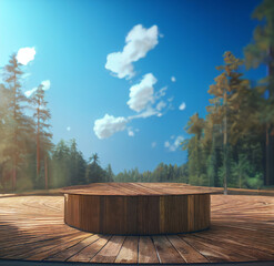 Wooden podium in the forest on sunny day, natural product display stage made of wood, empty platform between trees summer background, generative ai