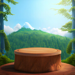 Wooden podium in the forest on sunny day, natural product display stage made of wood, empty platform between trees summer background, generative ai