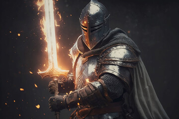 An ancient knight of light fighting against darkness with a flaming sword - obrazy, fototapety, plakaty