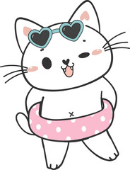 cute funny summer beach playful kitten cat in shorts cartoon animal hand drawing doodle