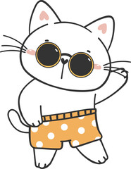 cute funny summer beach playful kitten cat in shorts cartoon animal hand drawing doodle