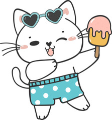 cute funny summer beach playful kitten cat in shorts cartoon animal hand drawing doodle