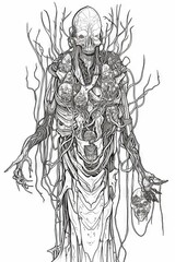 A monochrome sketch type digital illustration of a horror demon undead creature.  Generative AI. 