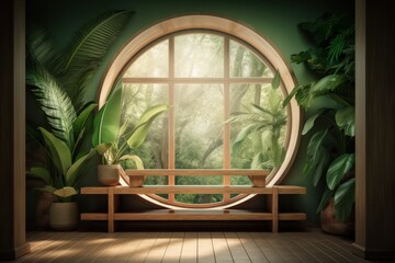 Empty Room with Window and Lush Tropical Plants - Minimalist Interior Design Image