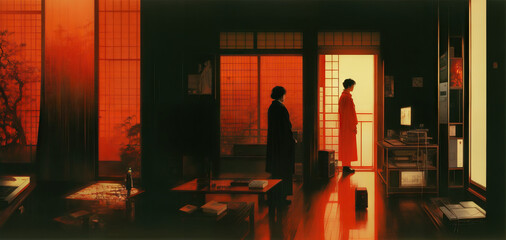 Japanese Couple Standing in the Doorway of a Traditional Home Generative AI Art Illustration