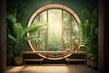 Empty Room with Window and Lush Tropical Plants - Minimalist Interior Design Image