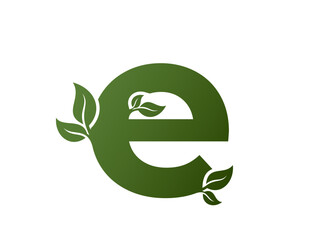 green lowercase letter e with leaves icon. creative eco logo. nature and environment design element