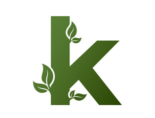 green lowercase letter k with leaves icon. eco alphabet logotype. nature and environment design element