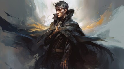 A loose painterly styled digital illustration of a male fantasy hero of villain, with magic powers. Generative AI. 
