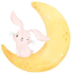 adorable whimsical baby pink bunny rabbit animal on the crescent moon phase soft watercolour 