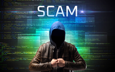 Faceless hacker on code background