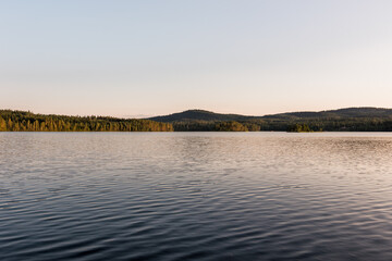 Calm lake with forest and mountains