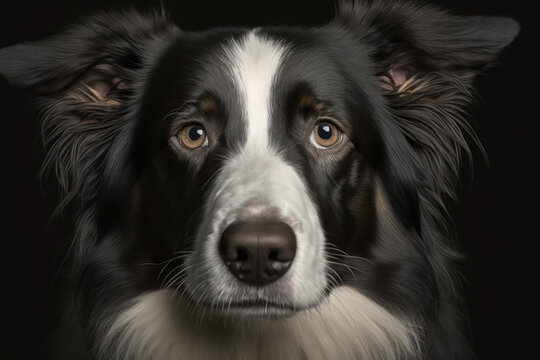Generative AI. Portrait of a Border collie dog face closeup, detailed cinema graphic with shallow depth of field