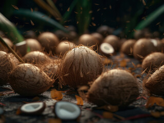 Beautiful organic background of freshly picked coconuts created with Generative AI technology