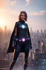 A beautiful woman is a superhero against background of city at sunset. Generative AI.