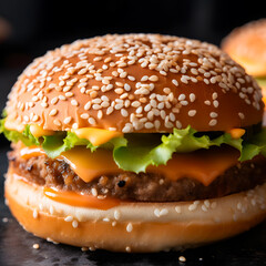 Delicious hamburger with cheese and salad. Generative AI