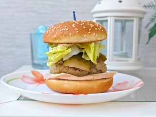 big fragrant burger with buns