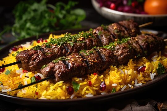 Skewered meat barbecue, charcoal-grilled kebab, outdoor skewer cooking, Kofta, ground meat skewers, GENERATIVE AI