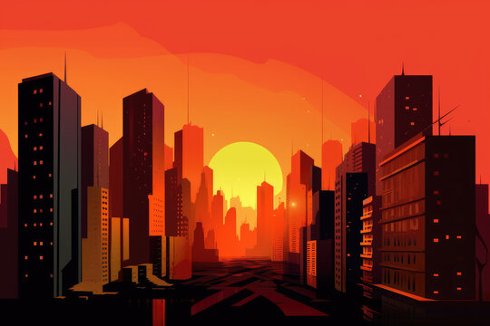 A dynamic sunset over a cityscape, with the sun setting behind the towering skyscrapers and casting long shadows across the streets - made with Ai