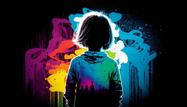 Back view of a child with bright printed sweatshirt looking and abstract images.
