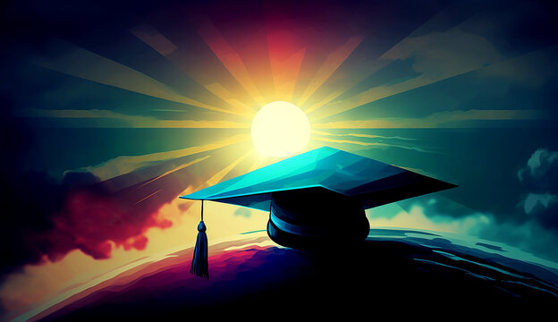 Graduation blue cap, sun rays in the background.