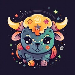 Fototapeta premium Kawaii Zodiac Sign Taurus on Black Background. Best For T-shirt Design. Generative AI