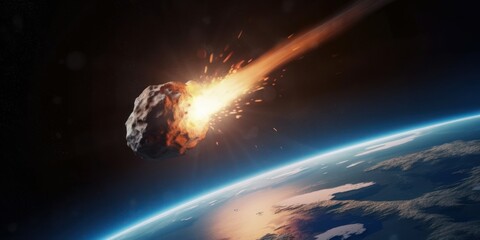 Meteor Impact On Earth - Fired Asteroid In Collision With Planet. AI generated, human enhanced.