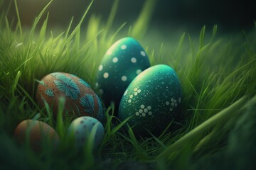 Easter eggs, selective focus. Spring holiday concept. AI generated