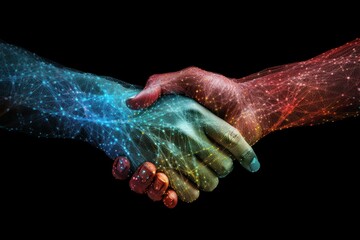Visualization of virtual shaking hands. Handshake deal symbol. Business concept. AI generated, human enhanced