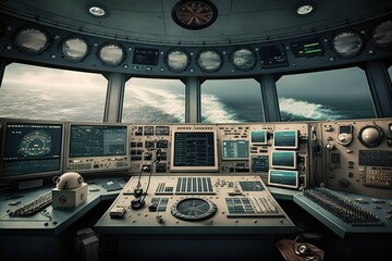 Wheelhouse control board on a large ship / vessel, generative ai - obrazy, fototapety, plakaty