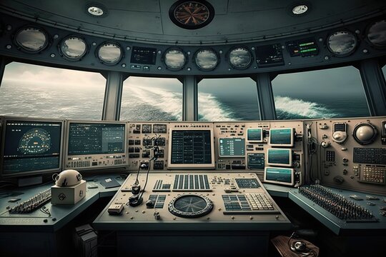 Wheelhouse control board on a large ship / vessel, generative ai