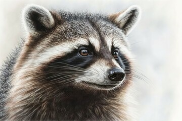 Portrait drawing of a cute beautiful raccoon, selective focus. AI generated, human enhanced